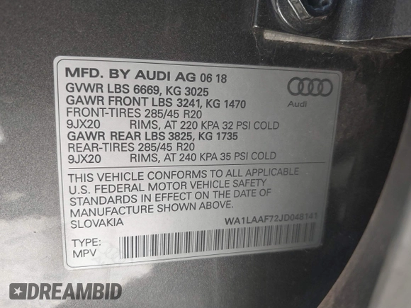 2018 Audi Q7 Premium Plus с VIN WA1LAAF72JD048141, выставлен на аукционе IAAI как лот 41841344 с пробегом 47 533 миль миль и . История ставок и продаж доступна на DreamBid. Изображение 9.