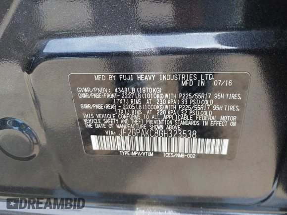 2016 Subaru Crosstrek Limited z VIN JF2GPAKC8GH323538, wystawiony jako IAAI lot #42242196 z przebiegiem 141 240 mil mil oraz . Historia ofert i sprzedaży dostępna na DreamBid. Obrazek 9.