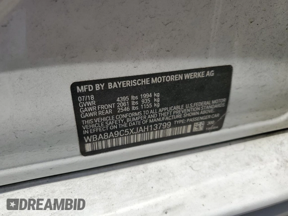 2018 BMW 3 Series 320i with VIN WBA8A9C5XJAH13799, listed as a Copart auction lot 53917375 with 104,635 mi miles and Salvage Title. Bid and sale history available at carsss.com. Image 13.