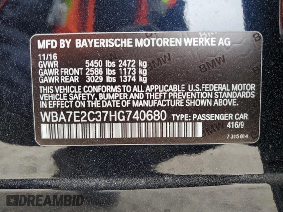 2017 BMW 7 Series 740i with VIN WBA7E2C37HG740680, listed as a Copart auction lot 45072763 with 76,828 mi miles. Bid and sale history available at carsss.com. Image 14.