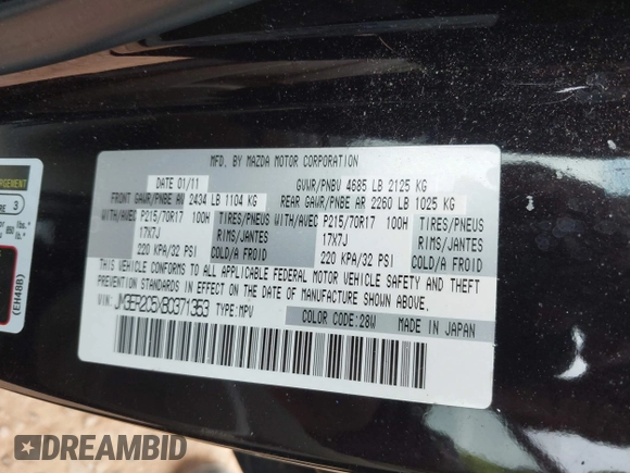 2011 Mazda CX-7 i Touring with VIN JM3ER2C5XB0371353, listed as a IAAI auction lot 41846850 with 168,222 mi miles. Bid and sale history available at carsss.com. Image 9.