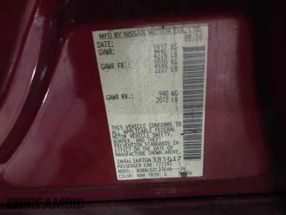 2016 Nissan Altima 2.5 S with VIN 1N4AL3AP7GN385617, listed as a IAAI auction lot 41317018 with 112,238 mi miles. Bid and sale history available at carsss.com. Image 9.