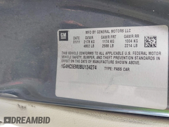 2011 Buick Lucerne CXL with VIN 1G4HC5EM0BU134274, listed as a IAAI auction lot 42217978 with 137,821 mi miles and . Bid and sale history available at carsss.com. Image 9.
