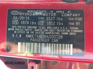 2017 Hyundai Accent SE with VIN KMHCT4AEXHU200728, listed as a IAAI auction lot 42015224 with 139,327 mi miles. Bid and sale history available at carsss.com. Image 9.