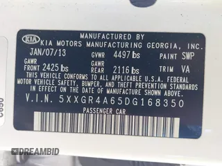 2013 Kia Optima SX with VIN 5XXGR4A65DG168350, listed as a IAAI auction lot 42254369 with 112,496 mi miles and . Bid and sale history available at DreamBid. Image 9.