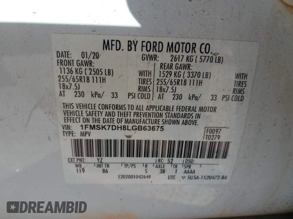 2020 Ford Explorer XLT with VIN 1FMSK7DH8LGB63675, listed as a IAAI auction lot 41802997 with 95,665 mi miles and . Bid and sale history available at DreamBid. Image 9.