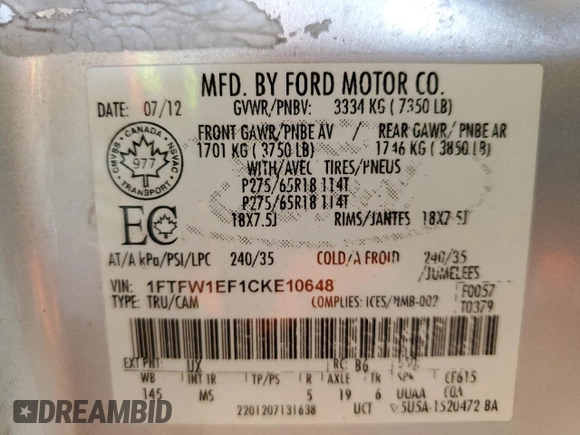2012 Ford F-150 XL with VIN 1FTFW1EF1CKE10648, listed as a Copart auction lot 63333505 with 160,764 mi miles and Salvage title. Bid and sale history available at DreamBid. Image 12.