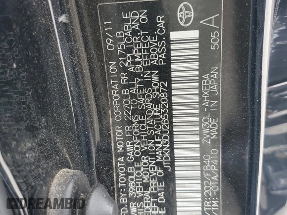 2011 Toyota Prius I with VIN JTDKN3DU2B5320872, listed as a Copart auction lot 54941855 with 189,276 mi miles and Salvage Title. Bid and sale history available at DreamBid. Image 12.