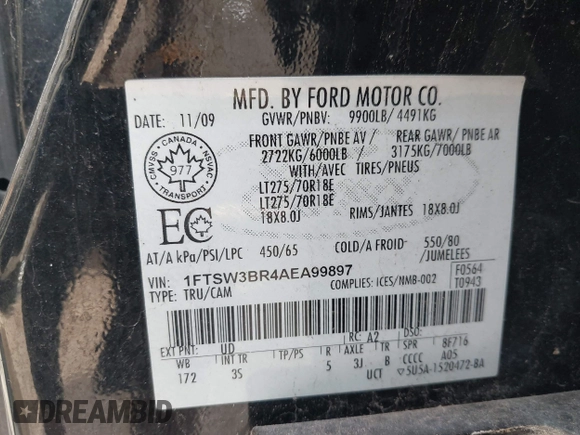 2010 Ford F-350 with VIN 1FTSW3BR4AEA99897, listed as a IAAI auction lot 41493337 with 232,318 mi miles and . Bid and sale history available at DreamBid. Image 9.