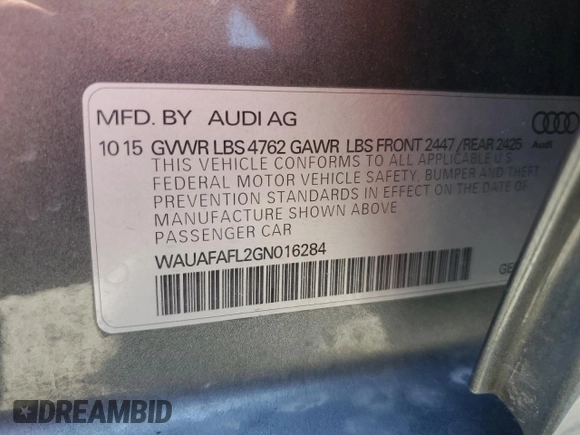 2016 Audi A4 Premium z VIN WAUAFAFL2GN016284, wystawiony jako Copart lot #56496125 z przebiegiem 102 552 mil mil oraz Szkoda całkowita • Salvage title. Historia ofert i sprzedaży dostępna na DreamBid. Obrazek 13.
