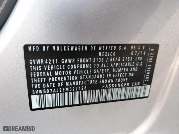 2014 Volkswagen Jetta Sedan SE w/Connectivity with VIN 3VWB07AJ2EM327428, listed as a Copart auction lot 85767434 with NaN miles and Salvage Title. Bid and sale history available at carsss.com. Image 14.