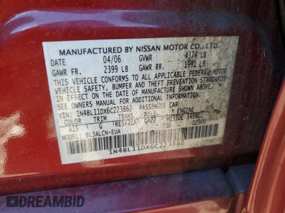 2006 Nissan Altima SL z VIN 1N4BL11DX6C223862, wystawiony jako Copart lot #86924104 z przebiegiem 62 390 mil mil oraz Szkoda całkowita • Salvage title. Historia ofert i sprzedaży dostępna na DreamBid. Obrazek 12.