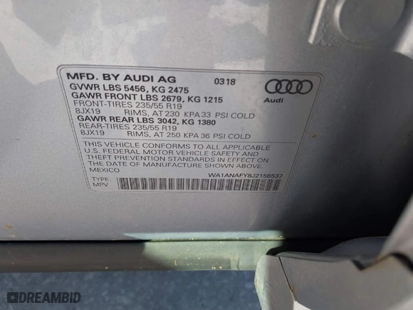 2018 Audi Q5 Premium with VIN WA1ANAFY8J2156537, listed as a IAAI auction lot 41774754 with 112,411 mi miles. Bid and sale history available at carsss.com. Image 9.