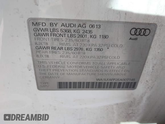 2014 Audi Q5 Premium Plus z VIN WA1LFAFP2EA007145, wystawiony jako IAAI lot #41937027 z przebiegiem 139 418 mil mil oraz . Historia ofert i sprzedaży dostępna na DreamBid. Obrazek 9.