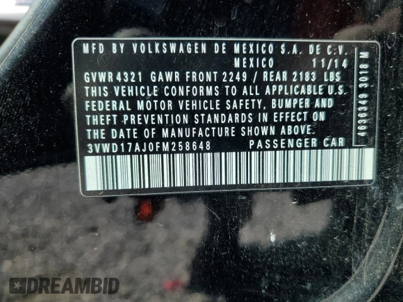 2015 Volkswagen Jetta SE with VIN 3VWD17AJ0FM258648, listed as a Copart auction lot 50531135 with 110,505 mi miles and Salvage title. Bid and sale history available at DreamBid. Image 14.