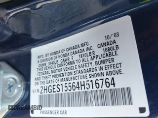 2004 Honda Civic LX with VIN 2HGES15564H516764, listed as a IAAI auction lot 40933100 with 107,000 mi miles. Bid and sale history available at carsss.com. Image 9.