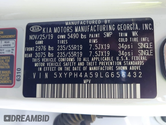 2020 Kia Sorento EX V6 with VIN 5XYPH4A59LG656432, listed as a IAAI auction lot 41057791 with 59,237 mi miles. Bid and sale history available at carsss.com. Image 9.