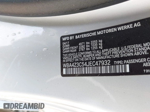 2018 BMW 4 Series 430i xDrive with VIN WBA4Z3C54JEC47932, listed as a IAAI auction lot 42717900 with 53,591 mi miles and . Bid and sale history available at DreamBid. Image 9.