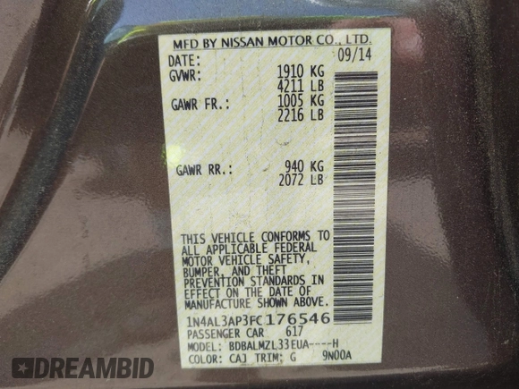 2015 Nissan Altima SV z VIN 1N4AL3AP3FC176546, wystawiony jako IAAI lot #42166808 z przebiegiem 129 203 mil mil oraz . Historia ofert i sprzedaży dostępna na DreamBid. Obrazek 9.