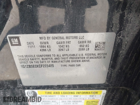 2012 Chevrolet Malibu 1LS with VIN 1G1ZB5E0XCF223485, listed as a IAAI auction lot 42238816 with 103,279 mi miles and . Bid and sale history available at DreamBid. Image 9.