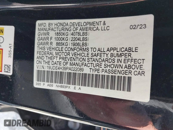 2023 Acura Integra w/A-Spec Package with VIN 19UDE4H39PA022089, listed as a IAAI auction lot 42268243 with 33,276 mi miles and . Bid and sale history available at DreamBid. Image 9.