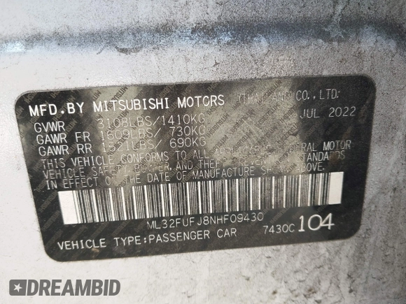 2022 Mitsubishi Mirage ES with VIN ML32FUFJ8NHF09430, listed as a IAAI auction lot 41618700 with 43,519 mi miles and . Bid and sale history available at DreamBid. Image 9.