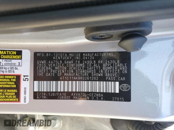 2024 Toyota Camry LE z VIN 4T1C11AK8RU261202, wystawiony jako Copart lot #53353235 z przebiegiem 22 487 mil mil oraz Szkoda całkowita • Salvage title. Historia ofert i sprzedaży dostępna na DreamBid. Obrazek 13.
