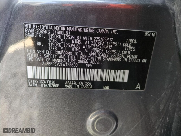 2014 Toyota RAV4 LE with VIN 2T3BFREV2EW178608, listed as a Copart auction lot 49673625 with 106,037 mi miles and Salvage Title. Bid and sale history available at carsss.com. Image 12.