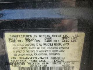 2007 Nissan Sentra 2.0 with VIN 3N1AB61E77L676733, listed as a Copart auction lot 58058295 with 203,845 mi miles and Salvage title. Bid and sale history available at DreamBid. Image 12.