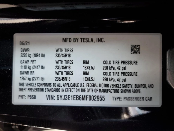 2021 Tesla Model 3 Long Range z VIN 5YJ3E1EB6MF002955, wystawiony jako Copart lot #59161255 z przebiegiem 32 183 mil mil oraz Szkoda całkowita • Salvage title. Historia ofert i sprzedaży dostępna na DreamBid. Obrazek 13.
