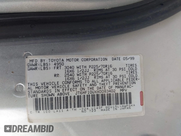 1999 Lexus RX 300 with VIN JT6HF10UXX0083402, listed as a IAAI auction lot 42102612 with 192,697 mi miles and . Bid and sale history available at DreamBid. Image 9.