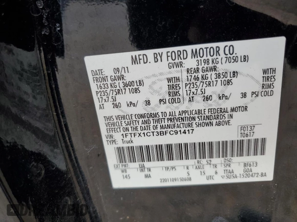 2011 Ford F-150 XL with VIN 1FTFX1CT3BFC91417, listed as a Copart auction lot 58065554 with 185,672 mi miles and Salvage Title. Bid and sale history available at carsss.com. Image 15.
