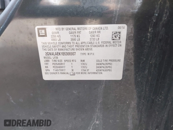 2014 Chevrolet Equinox LS with VIN 2GNALAEK1E6366907, listed as a IAAI auction lot 41776142 with 111,928 mi miles and . Bid and sale history available at carsss.com. Image 9.