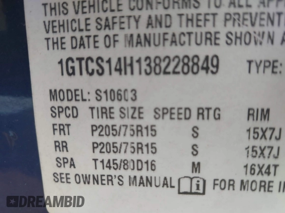 2003 GMC Sonoma SLS with VIN 1GTCS14H138228849, listed as a IAAI auction lot 41541363 with 217,969 mi miles. Bid and sale history available at carsss.com. Image 9.