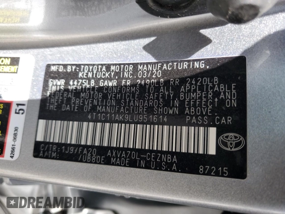 2020 Toyota Camry LE with VIN 4T1C11AK9LU951614, listed as a Copart auction lot 50218715 with Not Provided miles and Salvage Title. Bid and sale history available at carsss.com. Image 13.