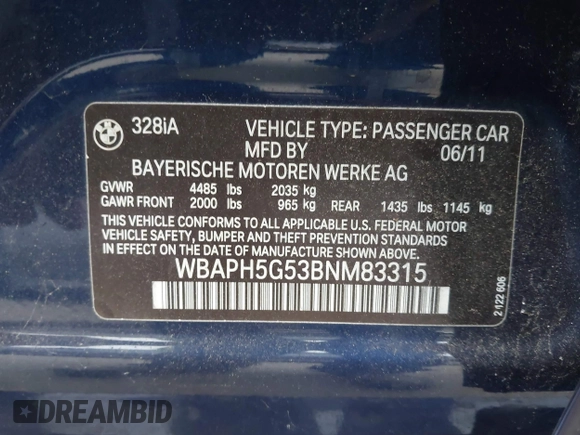 2011 BMW 3 Series 328i with VIN WBAPH5G53BNM83315, listed as a IAAI auction lot 42583733 with 119,224 mi miles and . Bid and sale history available at DreamBid. Image 9.