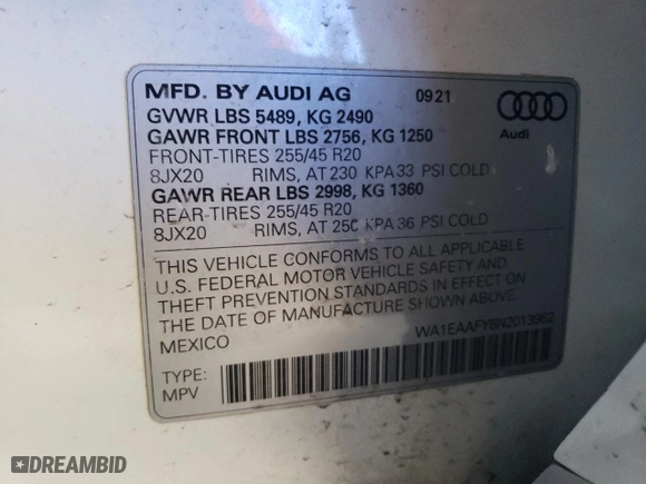 2022 Audi Q5 S line Premium Plus with VIN WA1EAAFY6N2013962, listed as a Copart auction lot 45803495 with 59,452 mi miles and Salvage Title. Bid and sale history available at carsss.com. Image 13.