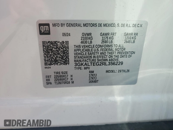 2024 GMC Terrain SLE with VIN 3GKALTEG2RL356229, listed as a Copart auction lot 63212875 with 16,784 mi miles and Salvage title. Bid and sale history available at DreamBid. Image 14.