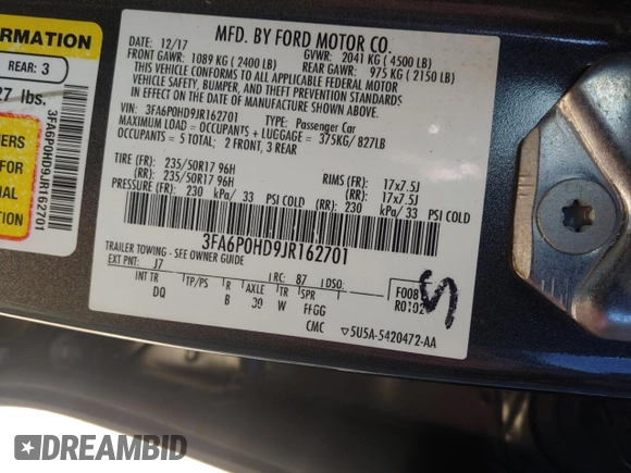 2018 Ford Fusion SE with VIN 3FA6P0HD9JR162701, listed as a Copart auction lot 53996625 with 160,219 mi miles and Clean Title. Bid and sale history available at carsss.com. Image 10.