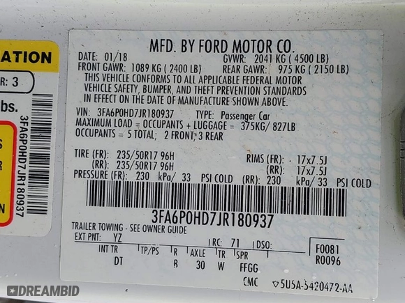 2018 Ford Fusion SE with VIN 3FA6P0HD7JR180937, listed as a IAAI auction lot 41841957 with 106,231 mi miles. Bid and sale history available at carsss.com. Image 9.