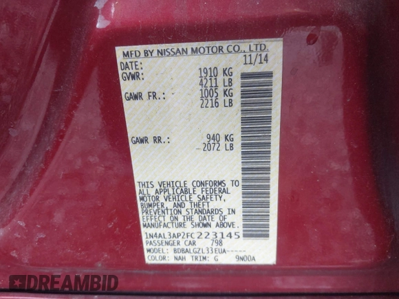 2015 Nissan Altima SV z VIN 1N4AL3AP2FC223145, wystawiony jako IAAI lot #41989226 z przebiegiem 184 577 mil mil oraz . Historia ofert i sprzedaży dostępna na DreamBid. Obrazek 9.