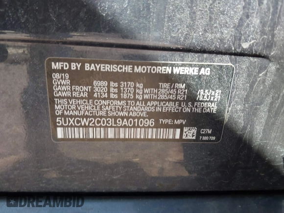 2020 BMW X7 xDrive40i with VIN 5UXCW2C03L9A01096, listed as a IAAI auction lot 41774774 with 55,596 mi miles. Bid and sale history available at carsss.com. Image 9.