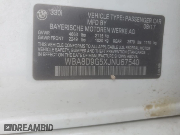 2018 BMW 3 Series 330i xDrive with VIN WBA8D9G5XJNU67540, listed as a Copart auction lot 44179625 with 52,850 mi miles and Salvage title. Bid and sale history available at DreamBid. Image 12.