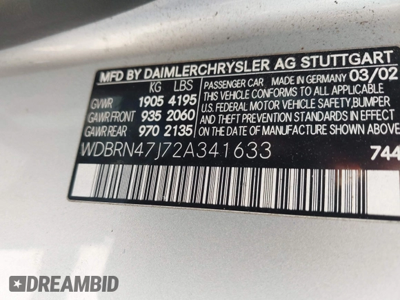 2002 Mercedes-Benz C 230/260/280/320 with VIN WDBRN47J72A341633, listed as a IAAI auction lot 41773975 with Not Provided miles and . Bid and sale history available at DreamBid. Image 9.