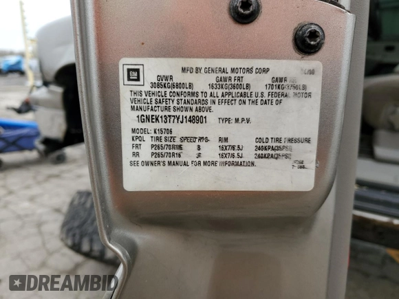 2000 Chevrolet Tahoe LS with VIN 1GNEK13T7YJ148901, listed as a Copart auction lot 51840995 with 195,543 mi miles and Salvage title. Bid and sale history available at DreamBid. Image 15.