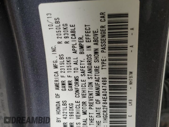 2014 Honda Accord EX-L with VIN 1HGCR2F84EA047496, listed as a Copart auction lot 81671664 with 167,506 mi miles and Salvage Title. Bid and sale history available at carsss.com. Image 13.