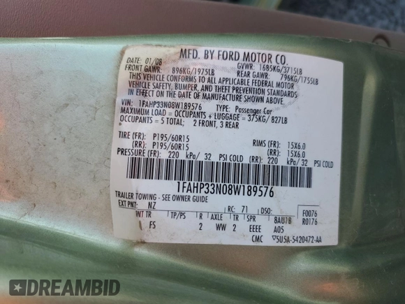 2008 Ford Focus SE z VIN 1FAHP33N08W189576, wystawiony jako Copart lot #54924705 z przebiegiem Nie podano mil oraz Szkoda całkowita • Salvage title. Historia ofert i sprzedaży dostępna na DreamBid. Obrazek 12.