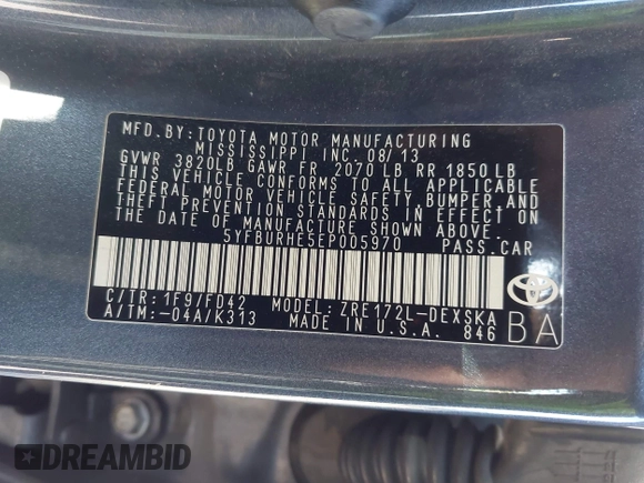 2014 Toyota Corolla L with VIN 5YFBURHE5EP005970, listed as a IAAI auction lot 42131661 with 115,840 mi miles and . Bid and sale history available at DreamBid. Image 9.