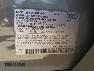 2019 Audi SQ5 Premium Plus with VIN WA1B4AFY9K2075023, listed as a Copart auction lot 57609334 with Not Provided miles and Salvage Title. Bid and sale history available at DreamBid. Image 12.