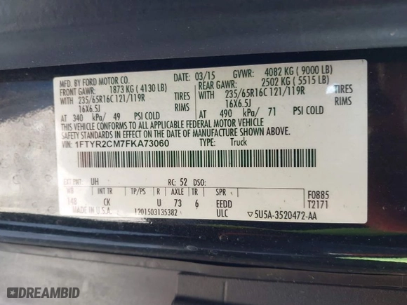 2015 Ford Transit Cargo Van with VIN 1FTYR2CM7FKA73060, listed as a IAAI auction lot 41866415 with 99,707 mi miles. Bid and sale history available at carsss.com. Image 9.